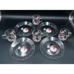 Arcoroc France Glass Snowman W/Broom Dessert Plates Luminarc Mugs Set of 4